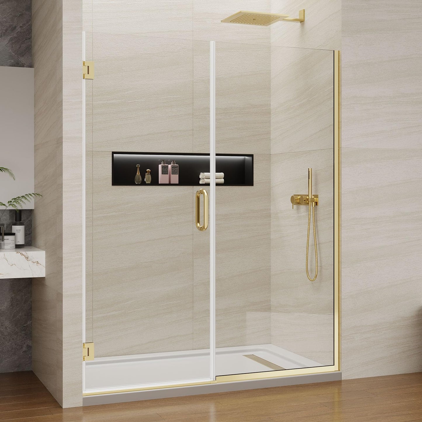 Pivot Swing Shower Door, Adjustable Width 59-60" W x 74" H Semi-Frameless Shower Glass Door with 5/16 in (8mm) Clear SGCC Tempered Glass with Nano Easy-Clean Coating (Brushed Gold)