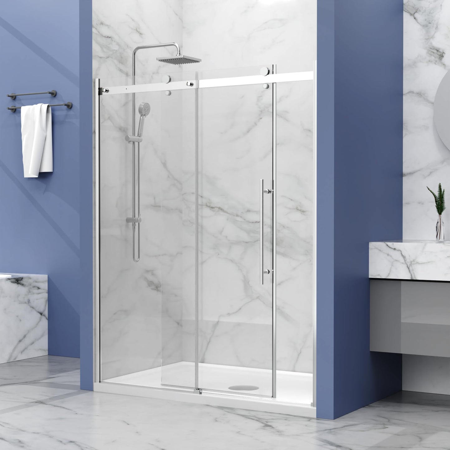 Bathenum Frameless Sliding Shower Door, 1/4 inch (6mm) Thick Clear Tempered Glass Shower Door with Zinc Roller Silent Slide System, Stainless Steel Handle (Chrome, 60" x 72")
