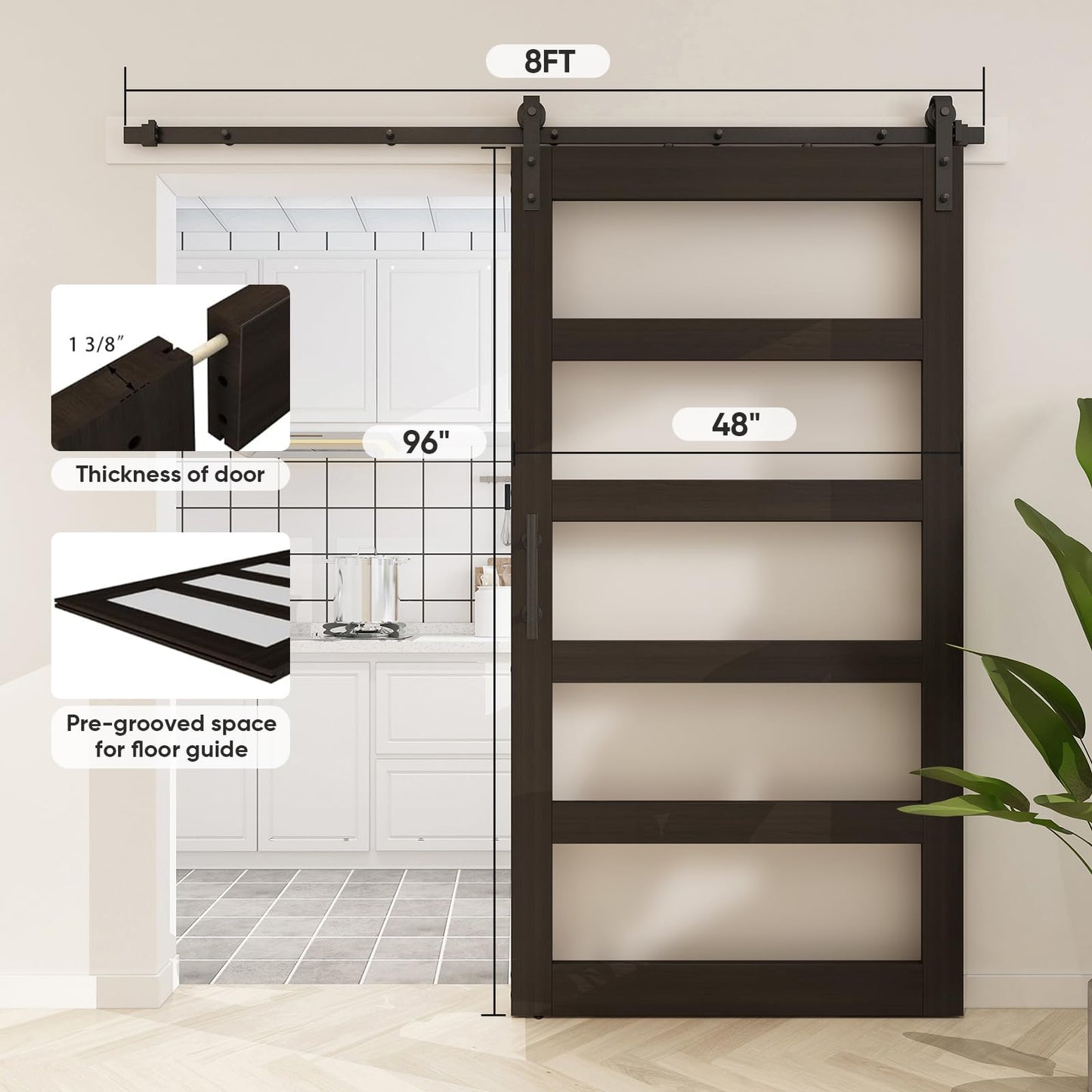BARNSMITH 48in x 96in Glass Barn Door and 8FT Sliding Door Hardware Included, 5-Panel Frosted Glass Sliding Barn Door, Solid Wood Covered with Water-Proof PVC Surface, Easy Assembly, Brown
