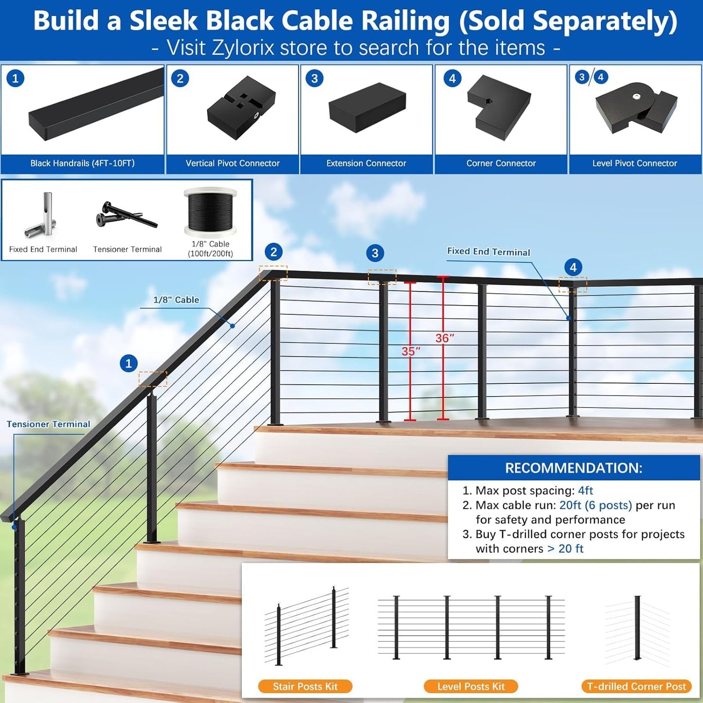 Zylorix 36" T304 Cable Railing Post(Post 35"x2"x2"), Level Drilled Railing Post with Cable Grommets, Modular Fixed Top Mount Cable Handrail Post, Stainless Steel Black Finish Indoor Outdoor Deck Post