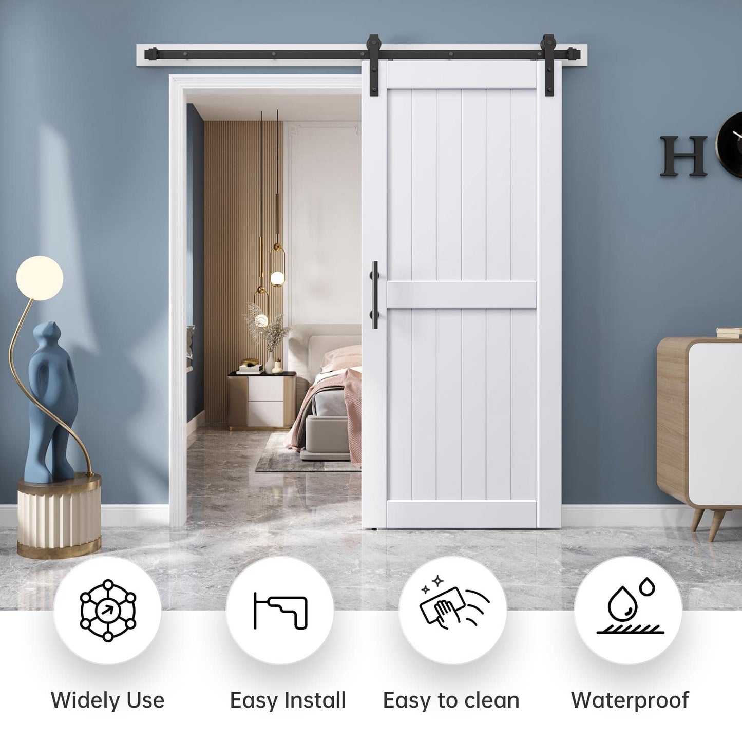 EaseLife 34 x 84 inch White Barn Door with 6FT Sliding Door Hardware Kit Included & Handle,Solid Wood Covered with Waterproof PVC Surface,DIY Assemblely,Easy Install,H-Frame,Fit 30-32in Wide Opening