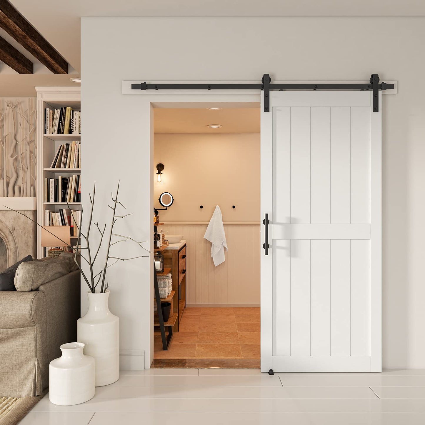 ALAMEDADT 36''x84'' Sliding Barn Door with 6.6 Ft Barn Door Hardware Kit, Fits 32-34''W Openings, Pre-Drilled Holes Easy Assembly-Waterproof PVC Surface, H-Frame, White