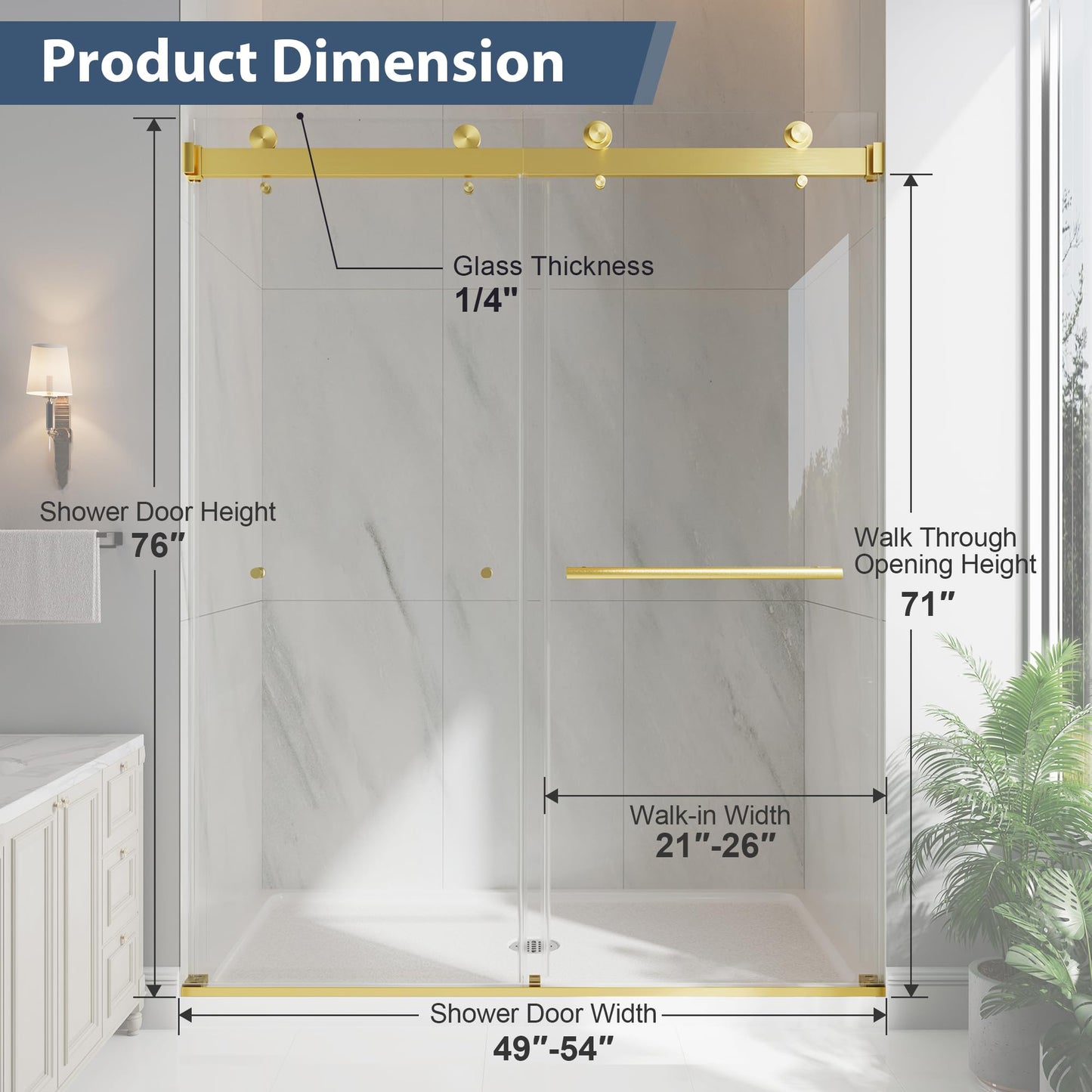 EASYWORC Frameless Double Sliding Shower Doors, 49-54" W x 76" H Shower Glass Door, 1/4" (6mm) Thick ANSI Certified Tempered Glass with Explosion-Proof Film and Nano Coating, Brushed Gold