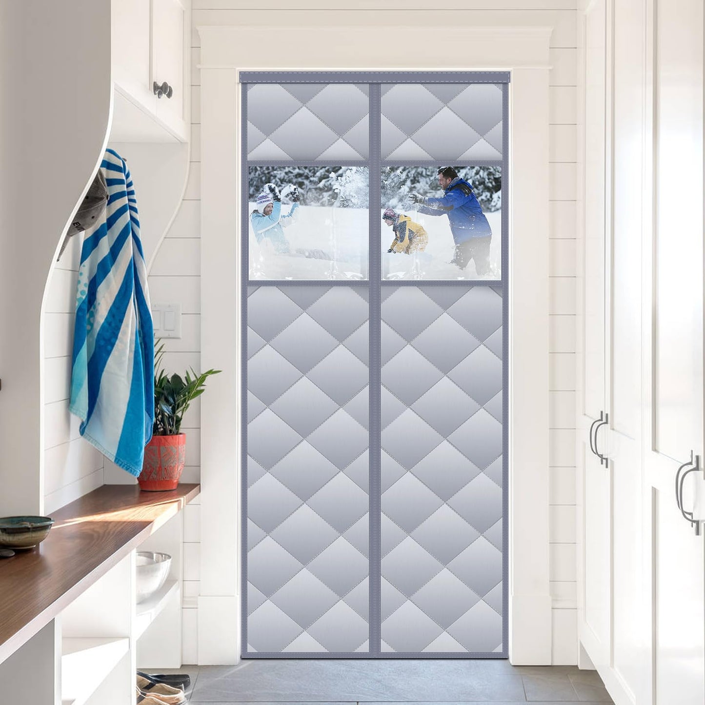 Magnetic Thermal Insulated Door Curtain with Detachable Visible Windows, Thicken Polyester Fiberfill & Durable Oxford Fabric, Hands Free Windproof Door Screen, Fits Door Size up to 36" x 82", Grey
