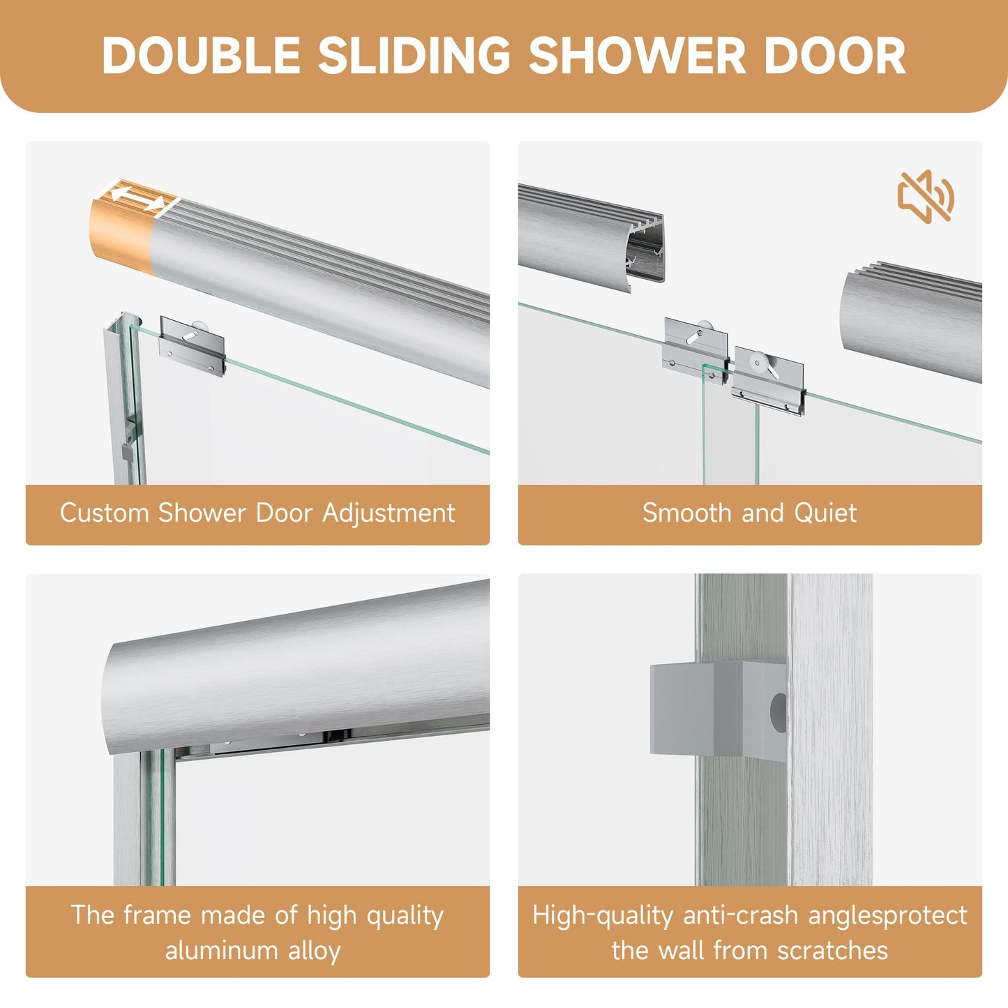 Double Sliding Shower Door 48 in. W x 72 in. H, UCALAFEE Semi-Frameless Shower Door with 1/4" (6mm) SGCC Clear Tempered Glass, Silent Soft-Close & Anti-Leak Walk-in Shower Door, Brushed Nickel