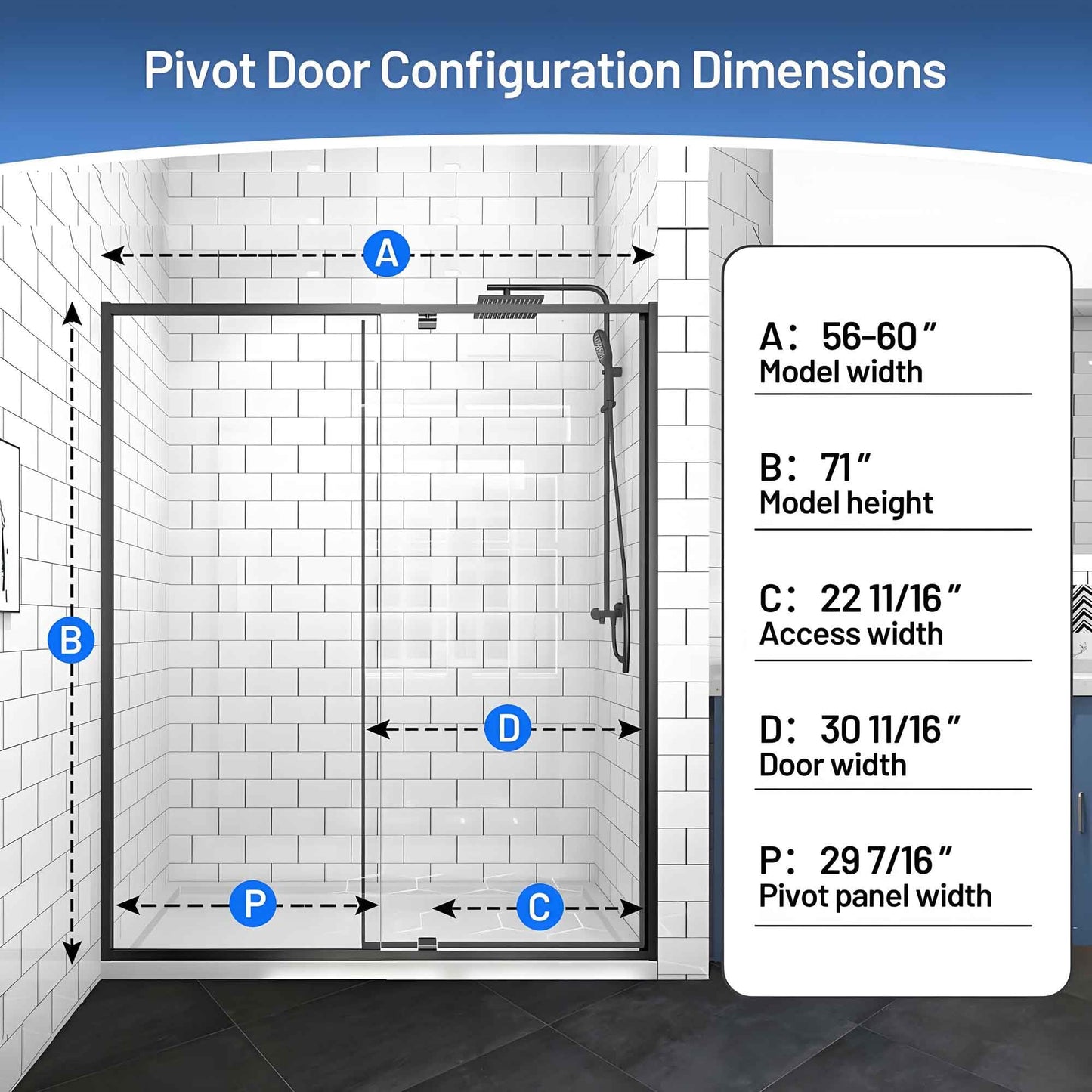 Rodkedc 56-60" W x 71" H Pivot Glass Shower Door,1/4"(6mm) Thick Clear SGCC Tempered Shower Glass Door,Matte Black Shower Door,Reversible Installation