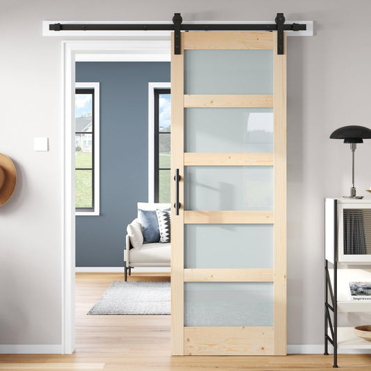 ROYMELO 28x84 inch Glass Sliding Barn Door Slab with 5ft Hardware Kit Included, 5-Panel Frosted Glass, Spruce Wood Support DIY Dyeing, Easy Assembly