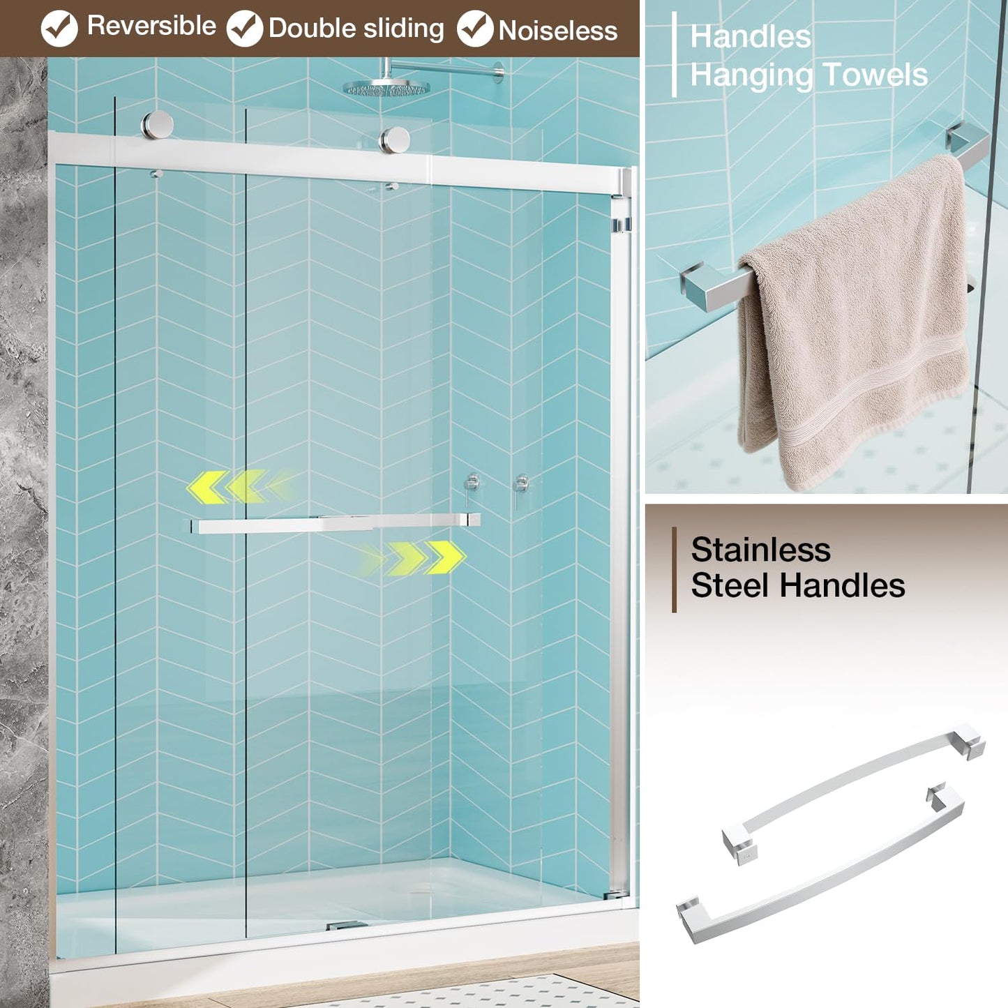 Sliding Shower Door, 57-60" W x 72" H Glass Shower Door, 5/16" (8mm) SGCC Clear Tempered Glass, Quiet Soft-Close, Explosion-Proof Film Nano Coating (Silver)