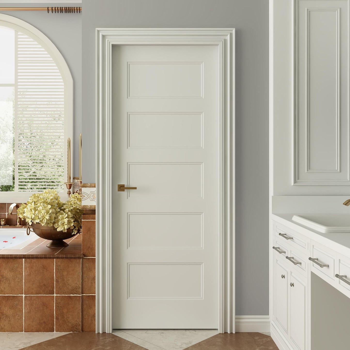 JUBEST 30"x80" 5-Panel Shaker Style White Primed Hollow Core Interior Molded Door Slab, NOT Pre-drilled and NOT Included Hardware, Pre-Assembled Interior Door for Pantry, Laundry, Closet