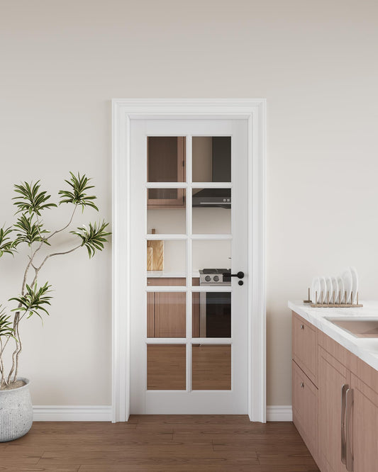24"x 80" 10-Lite Clear Glass French Interior Slab Door, Solid Core Wood with MDF Door Panel for Bedroom Closet Laundry Pantry Bathroom White Pre-Finished Surface Paintable, w/o Hardware