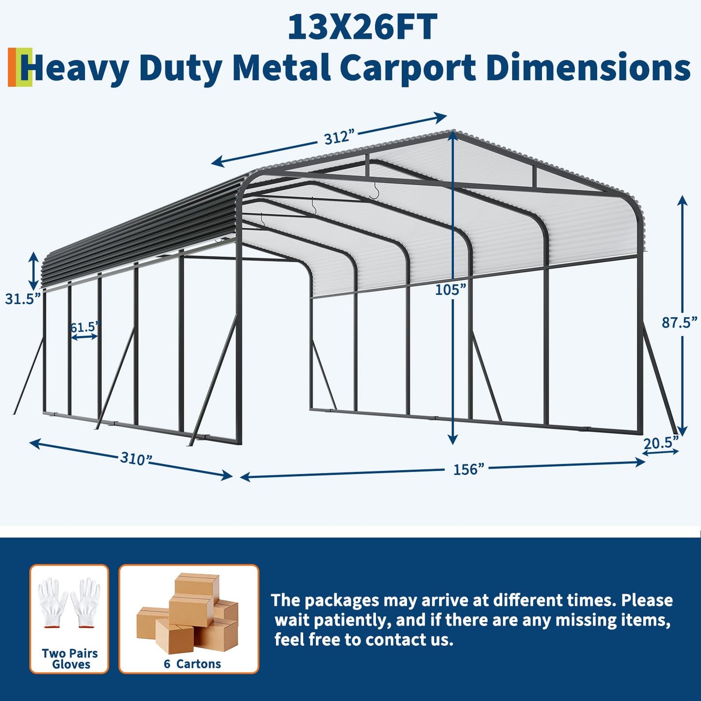 PeakPursuit Metal Carport, 13x26 FT Outdoor Car Port Canopy with Galvanized Steel Roof and Reinforced Base, Heavy Duty Garage Car Shelter Shade for SUV, Truck, Boats