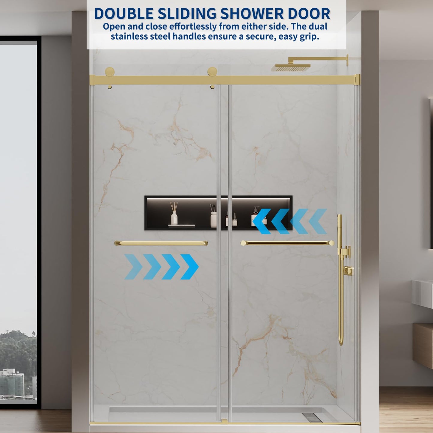 JONIVRAT 56-60" W x 76" H Double Sliding Shower Door, 5/16" (8mm) Clear Tempered Glass, Nano Coated for Easy Cleaning, Pull Handles Towel Rack, Stainless Steel Hardware (Brushed Gold)
