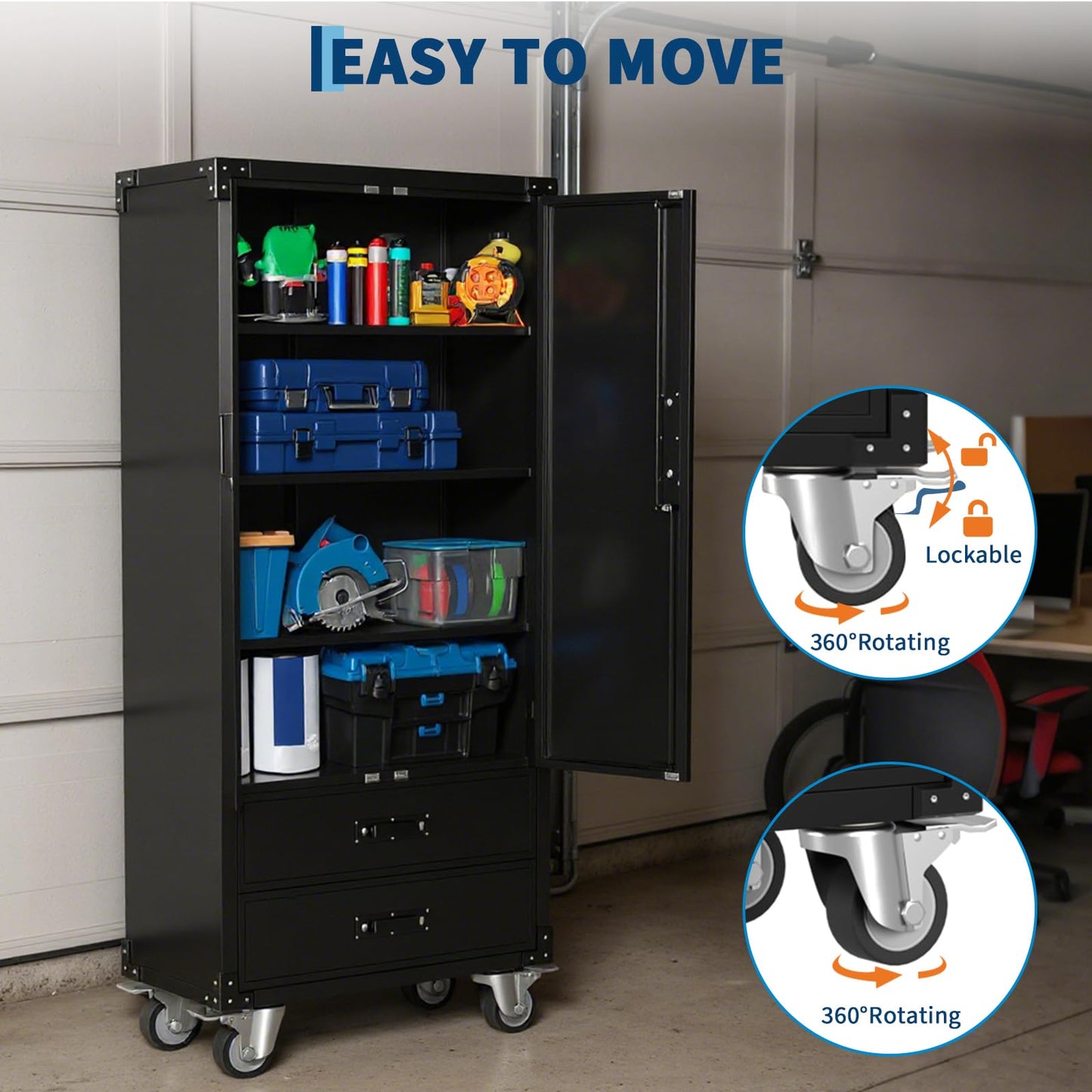 PeacefulHues 67in Garage Storage Cabinet with Door Pegboard,Lockable Metal Storage Cabinet with Adjustable Shelves, Heavy Duty Rolling Storage Cabinet for Garage Home,Required Assembly,Black
