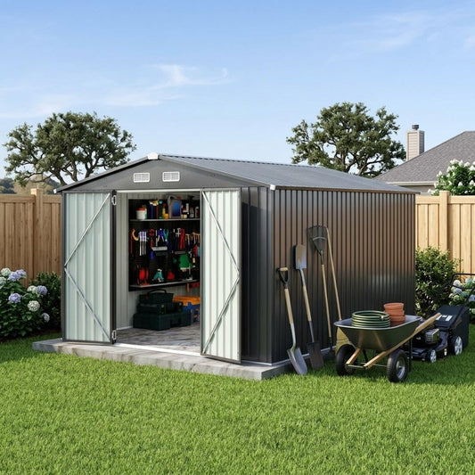 10x14 FT Outdoor Storage Shed, Weatherproof Outdoor Metal Storage Shed, Galvanized Steel Garden Shed with Lockable Doors & Vents, Heavy Duty Sheds & Outdoor Storage for Backyard Lawn Equipment and Bik