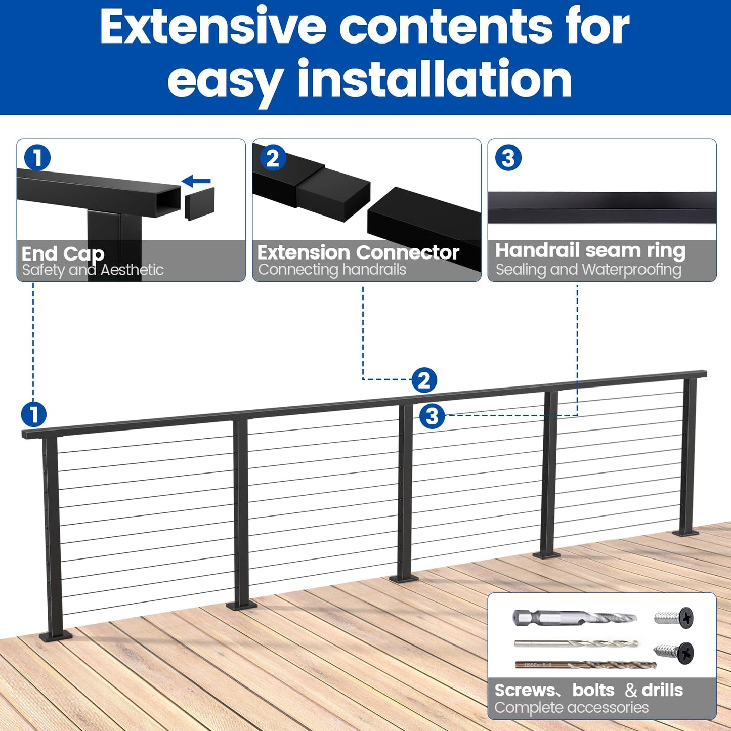Muzata 6'6" Black Cable Railing Handrail Rectangular Stainless Steel Handrail for Cable Railing System Top Rail Deck Stair Indoor Outdoor Length Adjustable with Paper User Guide HT10 BP4