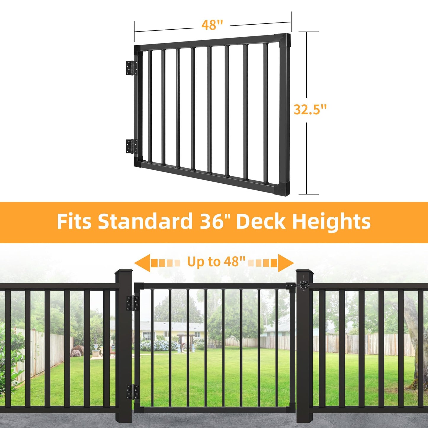 SunCrafts Deck Fence Gate Outdoor, 32″ Gate for 36″ Deck, Black Heavy Duty Steel Anti-Rust Door with Cuttable Width (Up to 48"), Metal Gate for Residential, Yard, Patio, Hinges and Latch Included