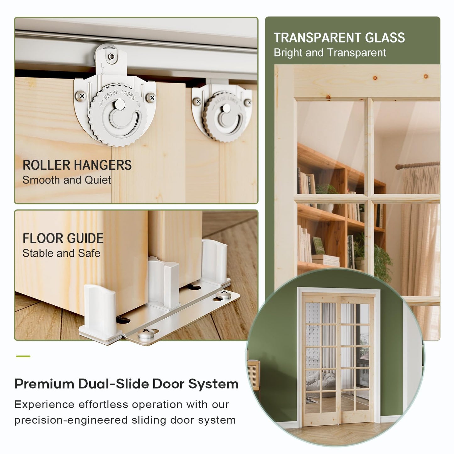 Easelife Preassembled Sliding Closet Door 60in x 80in (Double 31in), Spruce Wood Barn Door Slab with Bypass Hardware Track Kit, Tempered Clear Glass, Fit Interior Pantry Kitchen