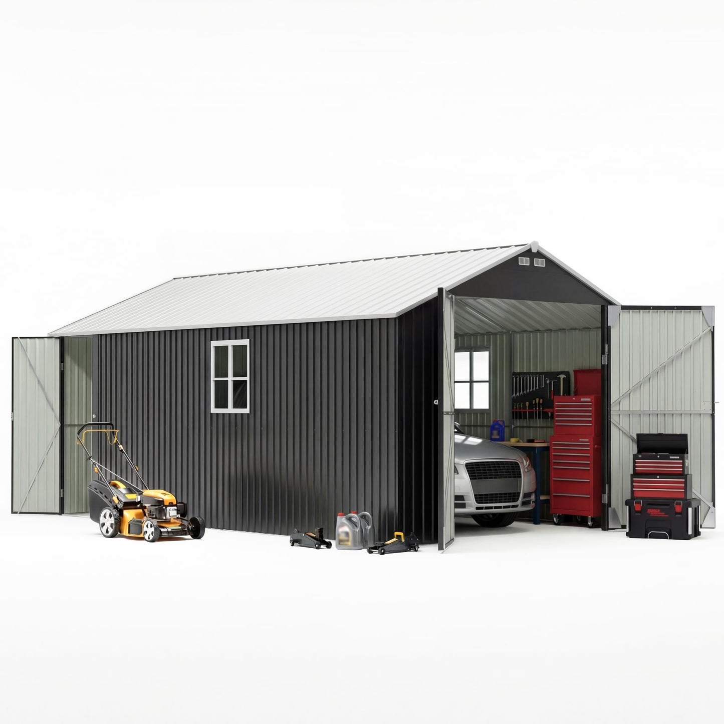 Patiowell 12x20 FT Outdoor Storage Shed, Large Metal Garden Shed with Lockable Doors & Windows, Waterproof Reinforced Tool Shed with Side Door & Air Vents for Cars Trucks Boats, Black