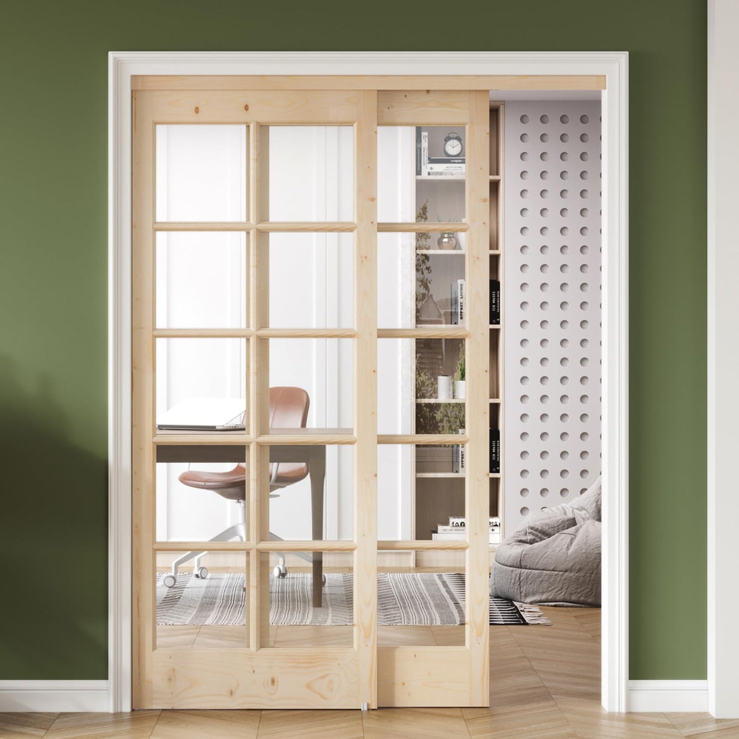 Easelife Preassembled Sliding Closet Door 60in x 80in (Double 31in), Spruce Wood Barn Door Slab with Bypass Hardware Track Kit, Tempered Clear Glass, Fit Interior Pantry Kitchen