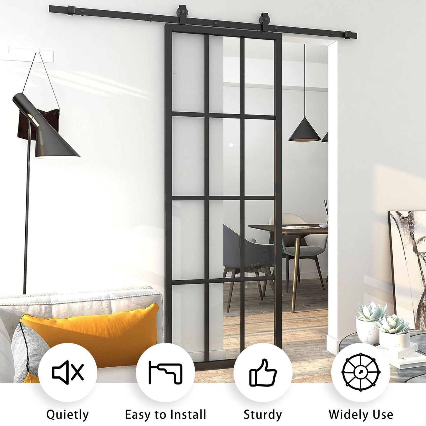 JUBEST 42in x 84in DIY Glass Sliding Barn Door, Sturdy 4-Lite Clear Tempered Glass Aluminum Frame Sliding Door Panel Without Hardware Kit, Easy Assembly