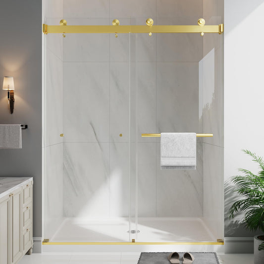EASYWORC Frameless Double Sliding Shower Doors, 49-54" W x 76" H Shower Glass Door, 1/4" (6mm) Thick ANSI Certified Tempered Glass with Explosion-Proof Film and Nano Coating, Brushed Gold