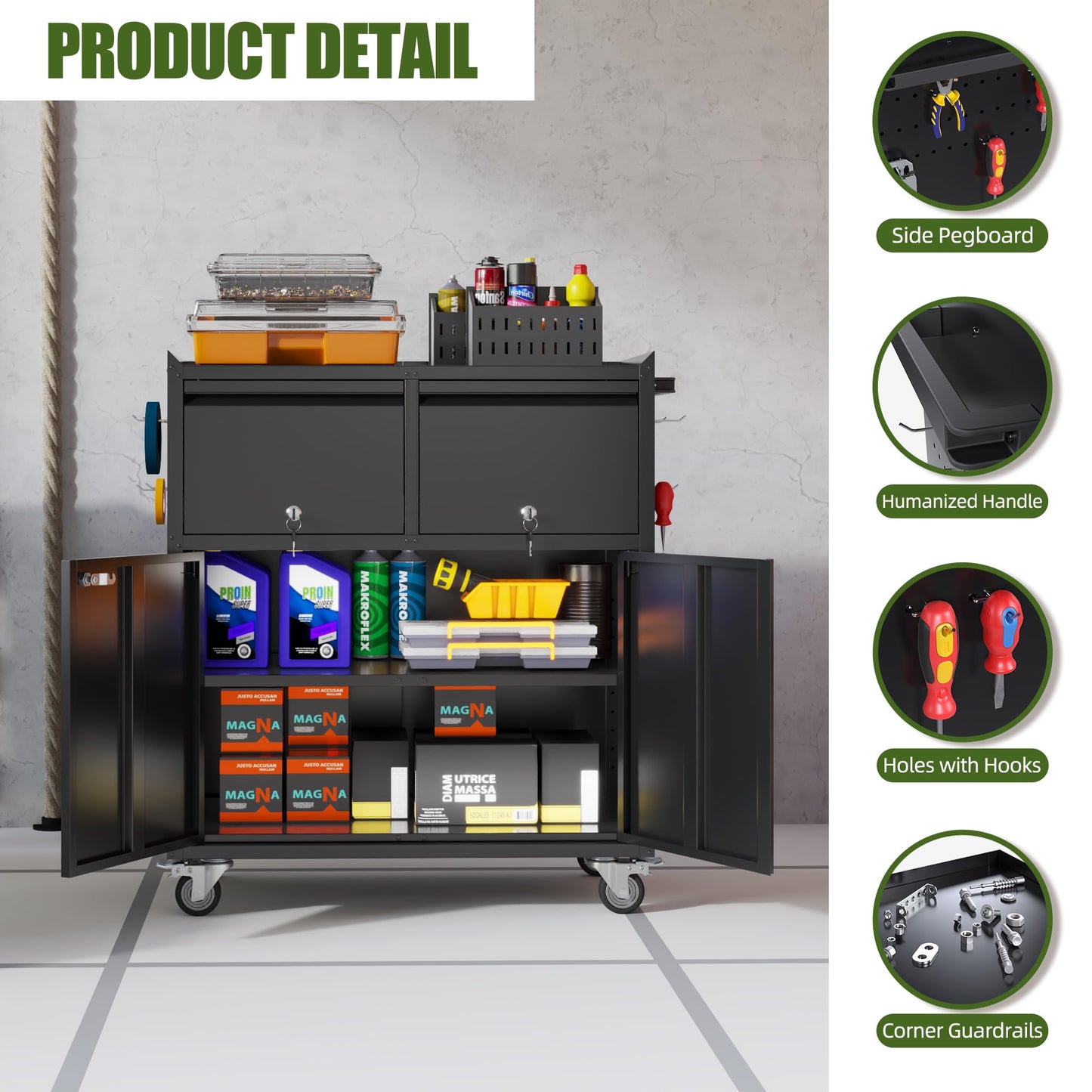 Aobabo Rolling Metal Garage Cabinet, Lockable Storage Cabinet with 2 Drawers, Pegboards, Hooks & Wheels, Heavy Duty Steel Utility Cabinet for Garage, Workshop, Home Office, Black, Assembly Required