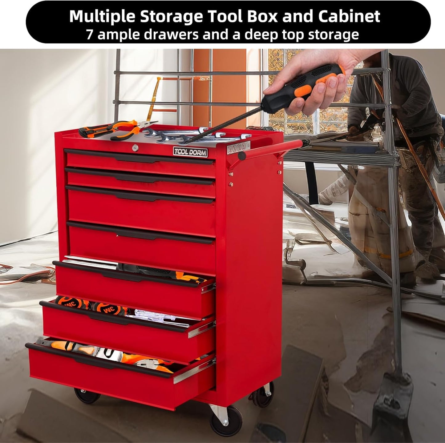 7-Drawer Rolling Tool Chest with Locking Wheels & Drawers, 13" D x 24.2" W x 34.6" H Mobile Tool Storage Cabinet, Heavy-Duty Garage Organizer w/Ergonomic Handle