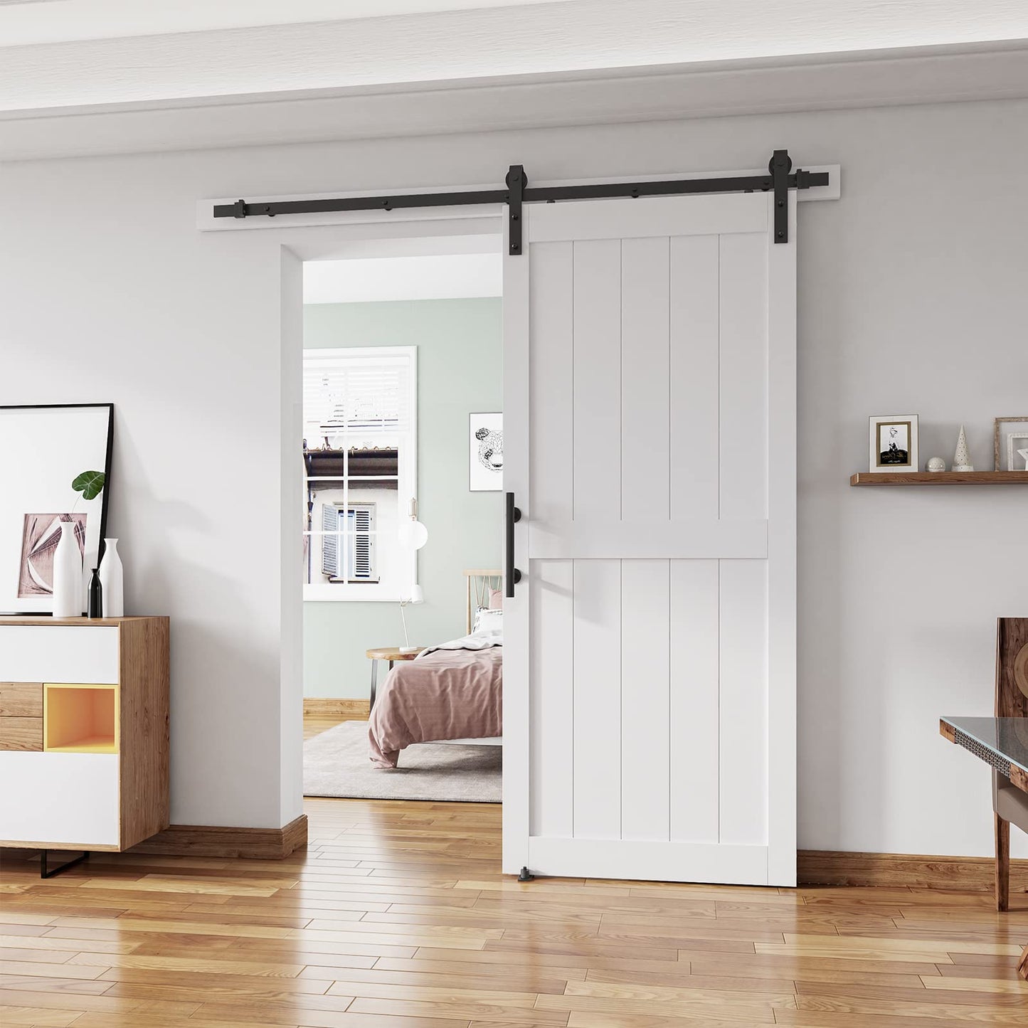 ALAMEDADT 36''x84'' Sliding Barn Door with 6.6 Ft Barn Door Hardware Kit, Fits 32-34''W Openings, Pre-Drilled Holes Easy Assembly-Waterproof PVC Surface, H-Frame, White