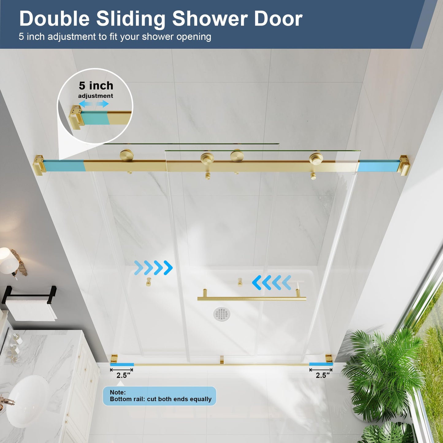 EASYWORC Frameless Double Sliding Shower Doors, 49-54" W x 76" H Shower Glass Door, 1/4" (6mm) Thick ANSI Certified Tempered Glass with Explosion-Proof Film and Nano Coating, Brushed Gold