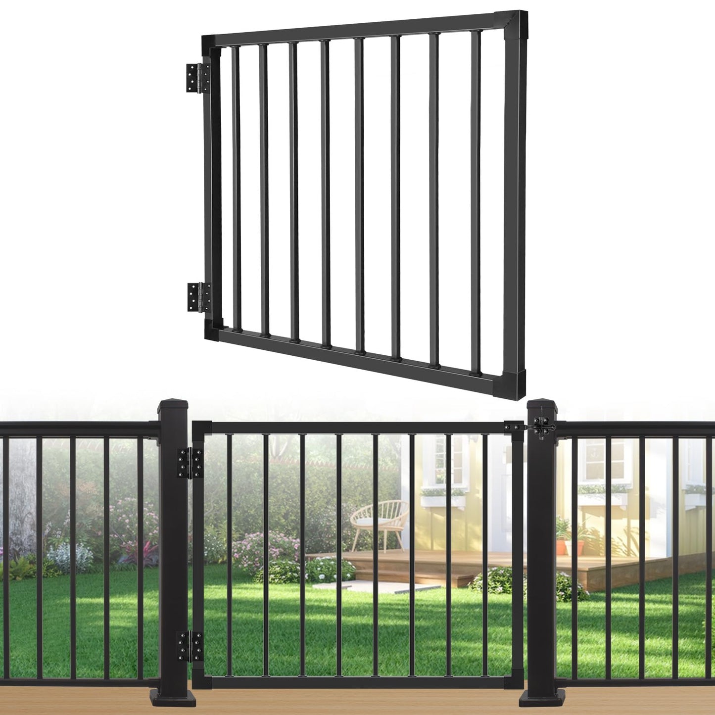 SunCrafts Deck Fence Gate Outdoor, 32″ Gate for 36″ Deck, Black Heavy Duty Steel Anti-Rust Door with Cuttable Width (Up to 48"), Metal Gate for Residential, Yard, Patio, Hinges and Latch Included