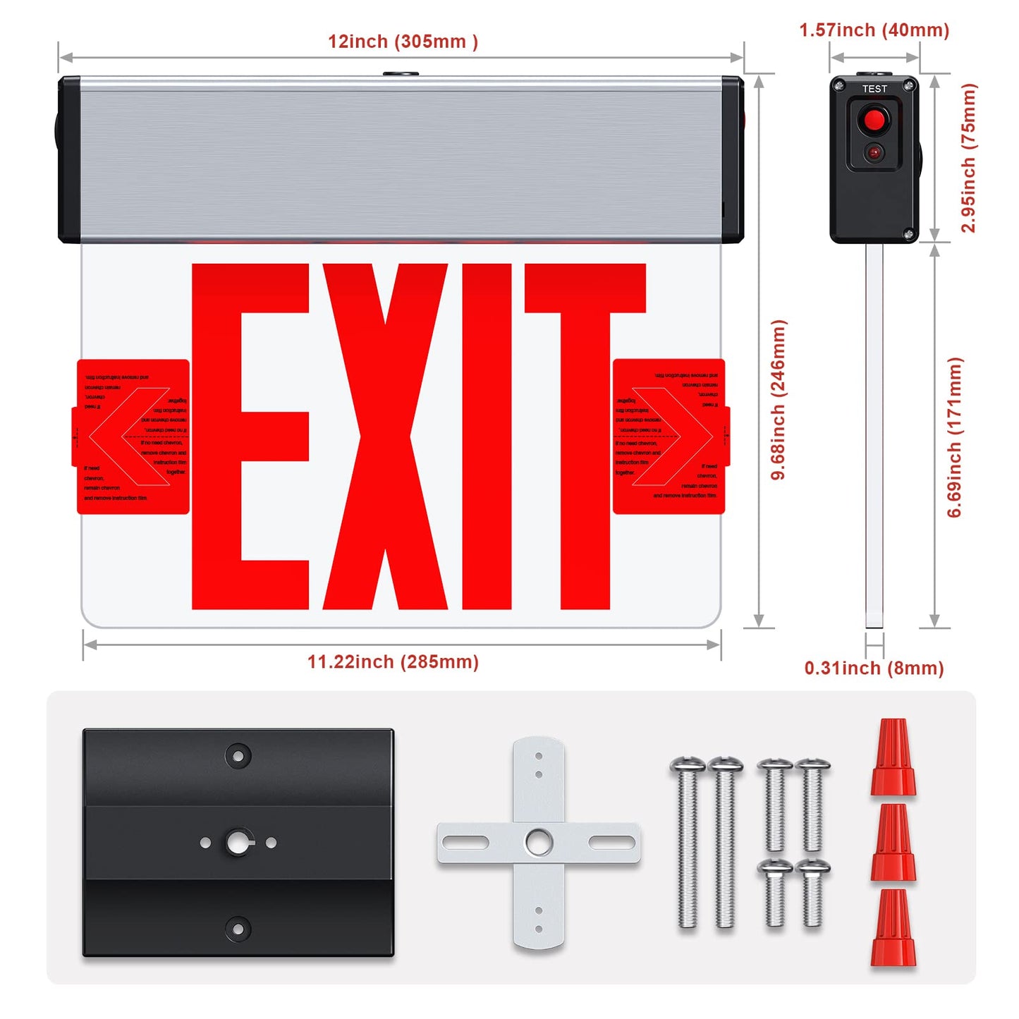 Red LED Edge Lit Exit Sign UL Listed, Brushed Aluminum Housing Single Sided Clear Acrylic Emergency Exit Signs with Battery Backup, AC 120-347V Hardwired Exit Lights, Top/Side/Wall Mount (4 Pack)