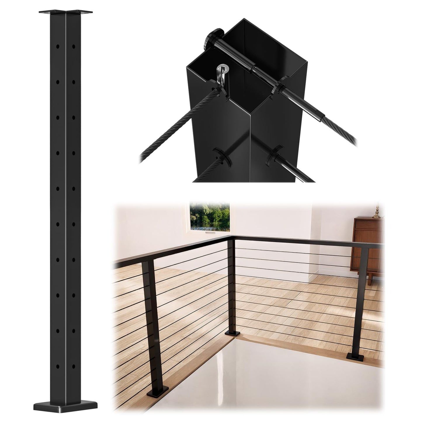 Muzata Black Corner Cable Railing Post 36 Inch 36"x2"x2" T-drilled One-Post Corner Solution Surface Mount Stainless Steel Cable Railing System Kit Indoor Outdoor with Paper User Guide PS02 B34S
