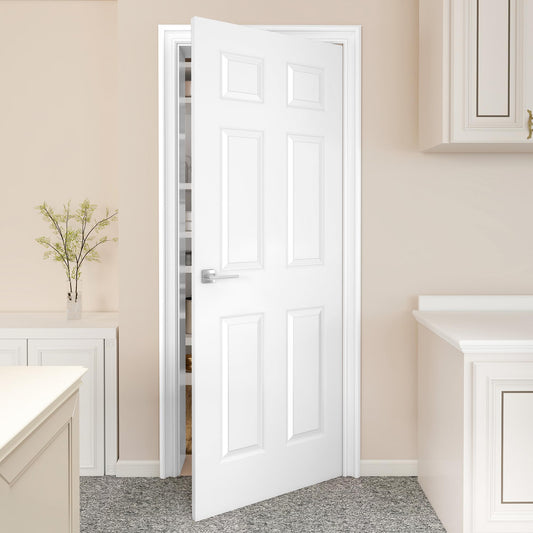 JUBEST 24"x80" Raised 6-Panel Textured White Primed Hollow Core Interior Molded Door Slab, NOT Pre-drilled and NOT Included Hardware, Paintable Interior Door for Pantry, Laundry, Office