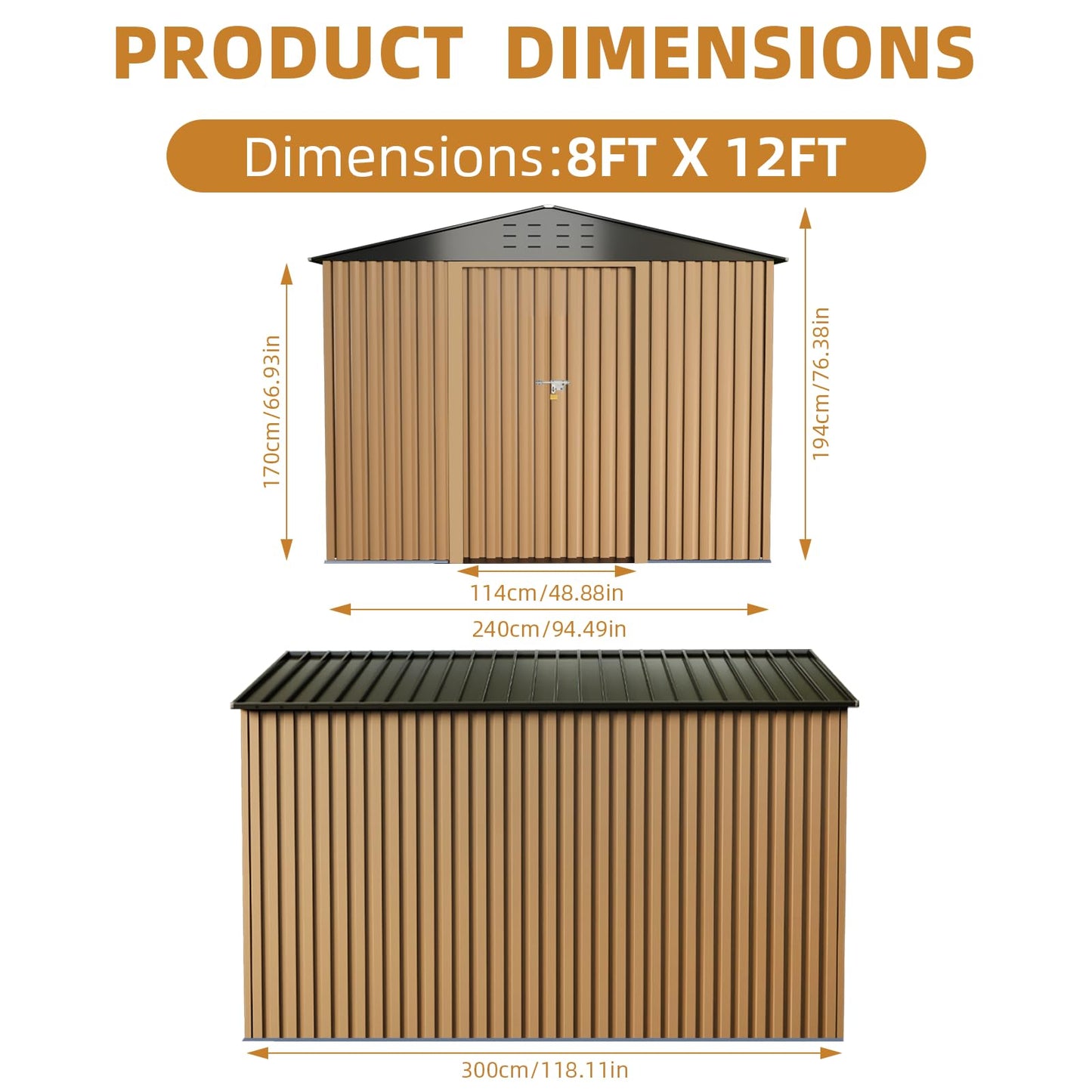 8X12FT Outdoor Metal Storage Shed, Lockable Weatherproof Garden Shed for Tools & Equipment, Durable Galvanized Steel with Sloping Roof & Ventilation, Ideal for Backyard, Patio & Garage Storage, Brown