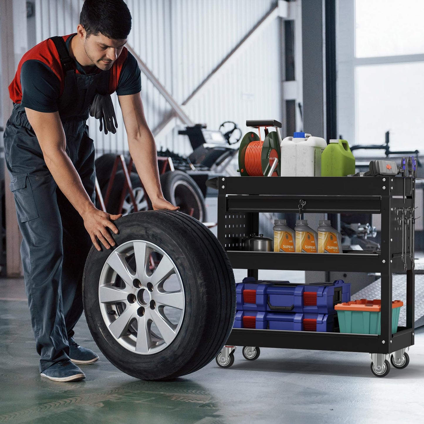 Granper 3 Tier Rolling Cart, Heavy Duty Utility Industrial Service Carts on Wheels, Metal Tool Cart with Locked Drawers, Ideal for Garage, Warehouse and Repair Shop（Black）
