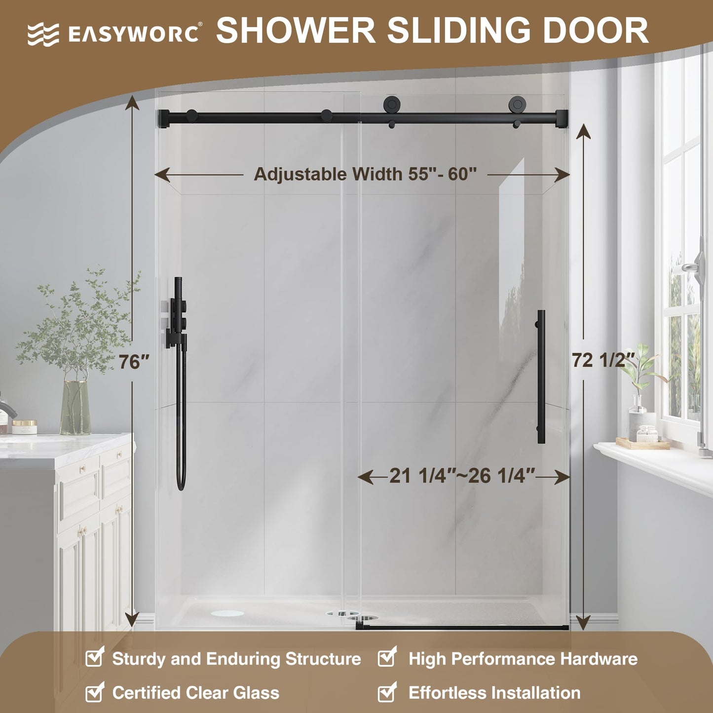 EASYWORC Frameless Glass Shower Door, 55-60" W x 76" H Sliding Frameless Shower Door, 1/4''(6mm) SGCC Tempered Glass, Explosion-Proof Film Nano Coating, Stainless Steel Hardware, Matte Black