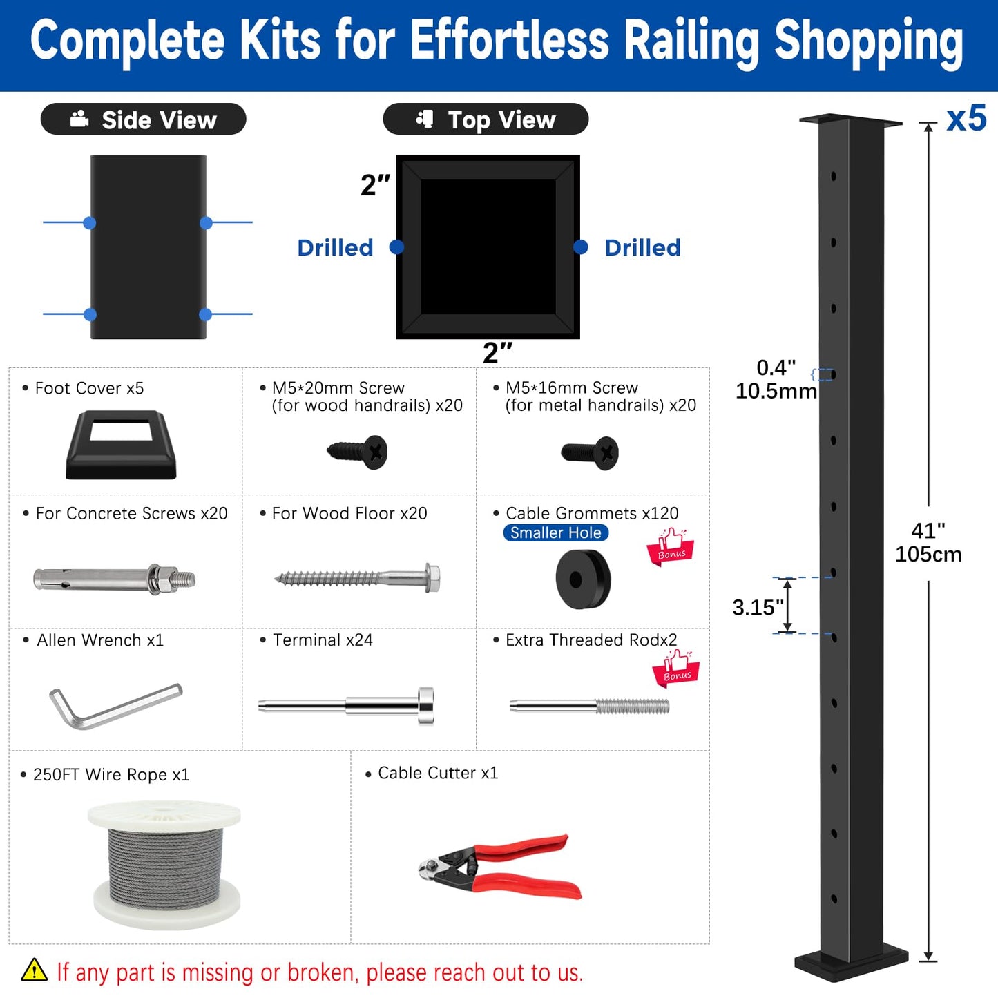 Gyykzz 16-20FT Black Modular Cable Railing Post Kits 42 Inch 5 Level Post Kit, Cable Railing System for Deck Including 5 Railing Posts, 250FT Sufficient Length Cable, 24 Swage Terminal (No Handrail)