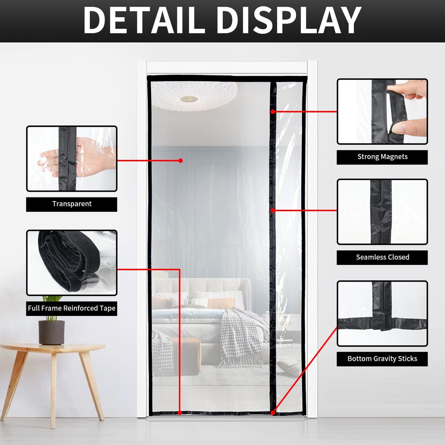 Transparent Reversible Left or Right Side Opening Insulated Door Curtain, Magnetic Thermal Door Cover Self-Closing Screen Door for Kitchen, Bedroom, Air Conditioner Room, Fits Doors up to 36" x 82"