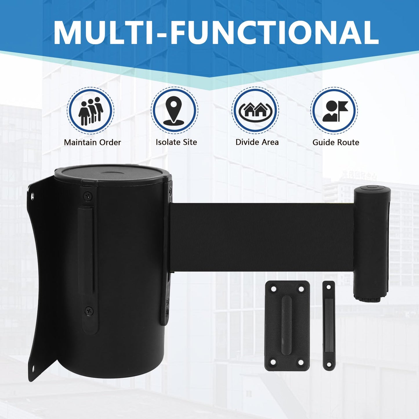 Wall Mount Retractable Belt Barrier 2 Pack, TrreZon Fixed Retractable Belt Barrier with Steel Case 16' Black Belt for Grocery, Restaurant, Retail Store, Office, Stadium, School