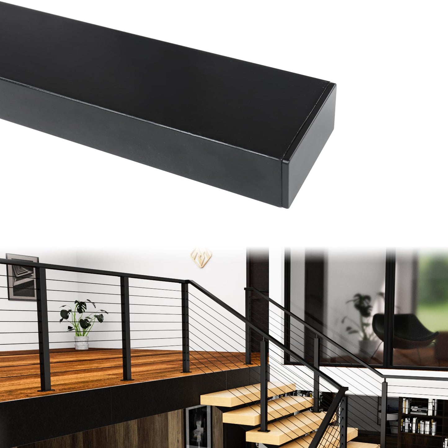 Muzata 6'6" Black Cable Railing Handrail Rectangular Stainless Steel Handrail for Cable Railing System Top Rail Deck Stair Indoor Outdoor Length Adjustable with Paper User Guide HT10 BP4