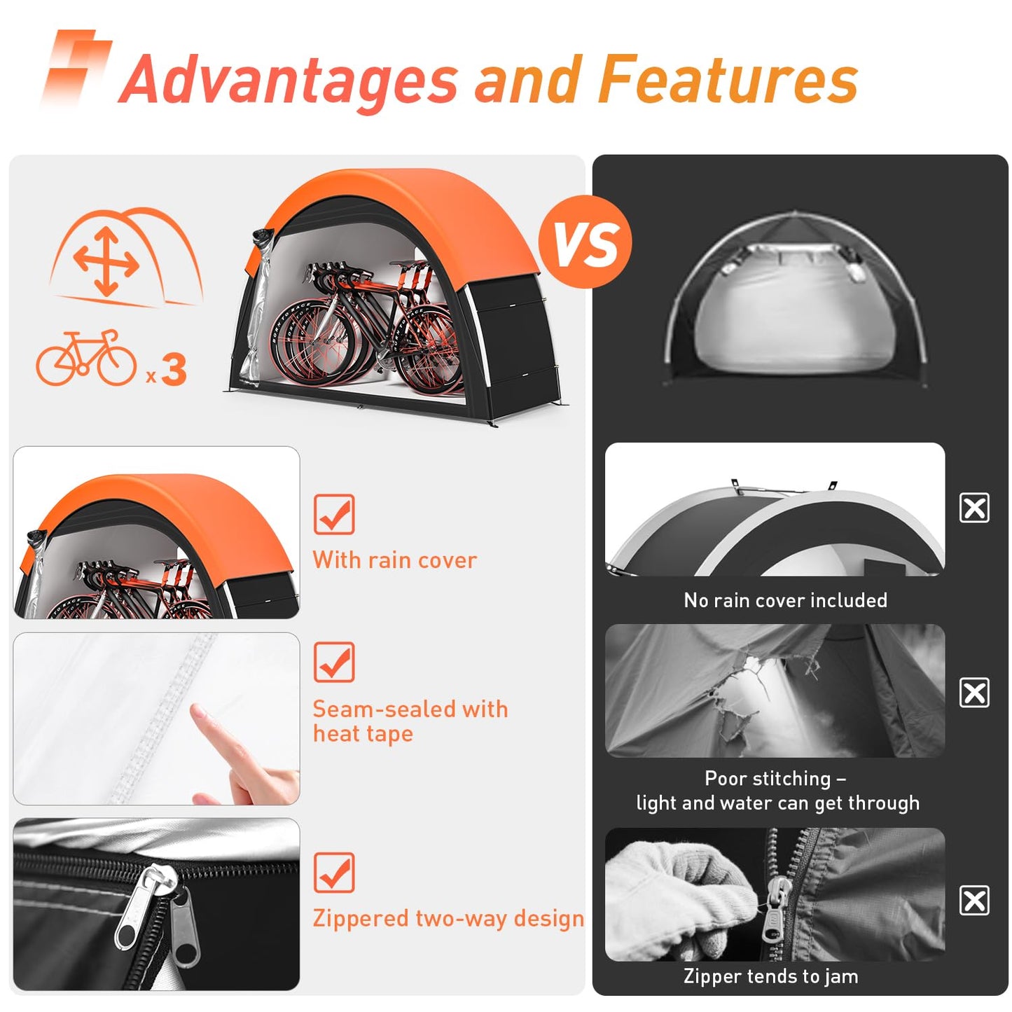 PZT Upgraded Bike Tent with Rain Cover, Portable Outdoor Storage Shed for 2-3 Bikes, 210D Oxford Fabric PU4000 Waterproof, Bike Shed/Bike Cover for Motorcycles, Garden Tools, Lawn Mower