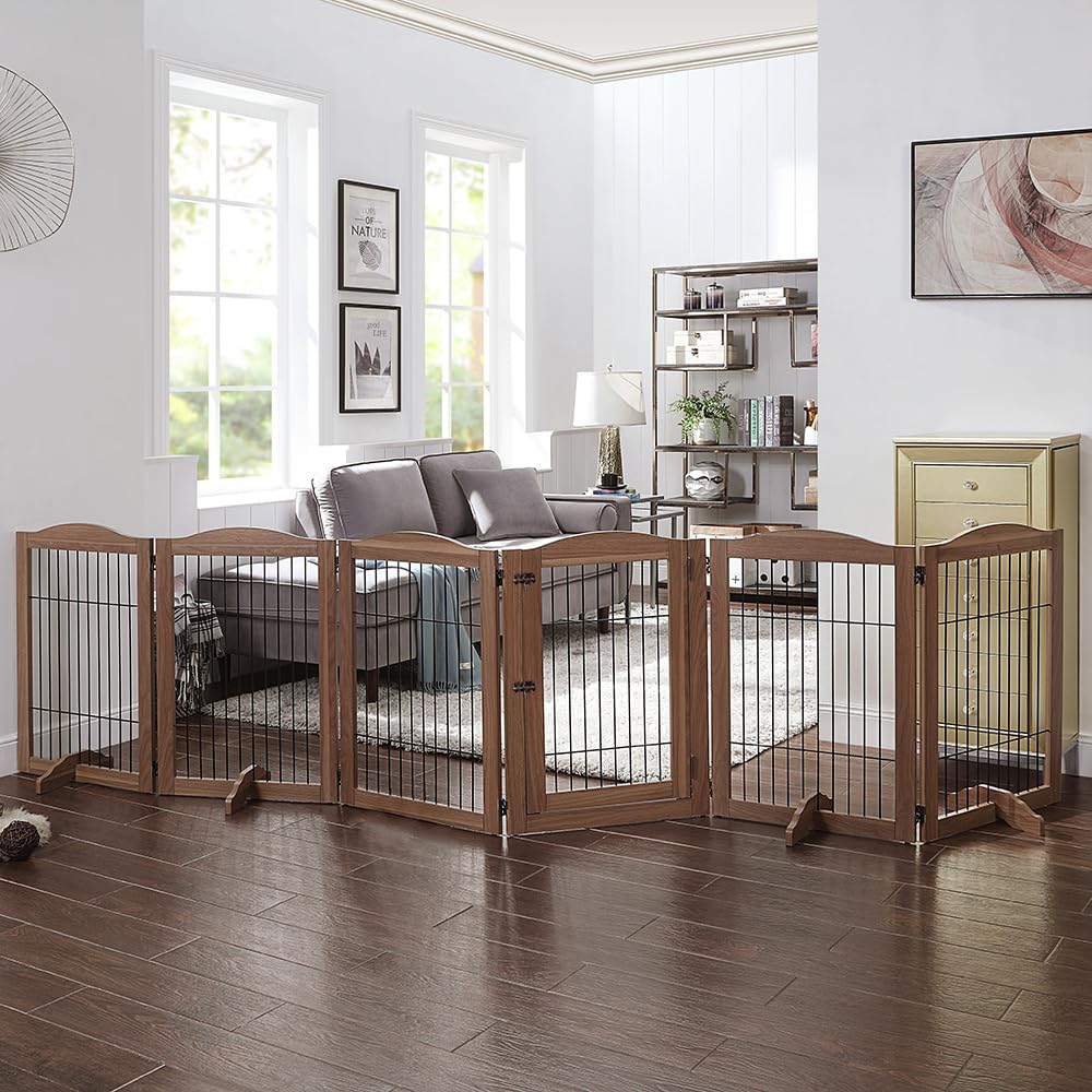 unipaws Pet Playpen with Wood and Wire, 6 Panels Extra Wide Freestanding Walk Through Dog Gate with 4 Support Feet, Foldable Stairs Barrier Pet Exercise Pen for Dogs Cats