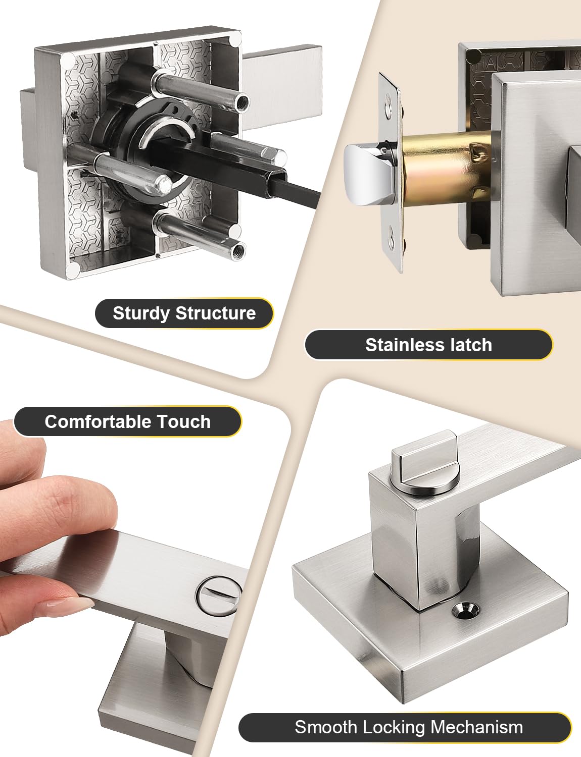Tinewa 10 Pack Privacy Square Brushed Nickel Door Handles Interior, Keyless Door Knobs for Bedroom/Bathroom, Reversible for Left Right Handed Doors