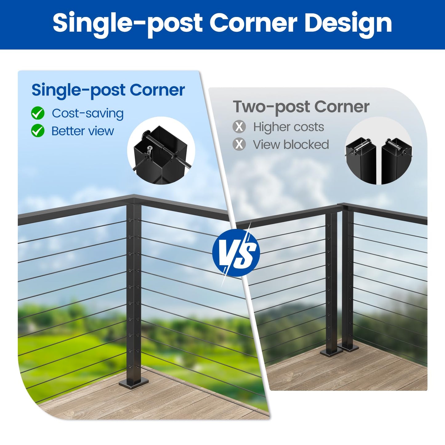 Muzata Black Corner Cable Railing Post 36 Inch 36"x2"x2" T-drilled One-Post Corner Solution Surface Mount Stainless Steel Cable Railing System Kit Indoor Outdoor with Paper User Guide PS02 B34S