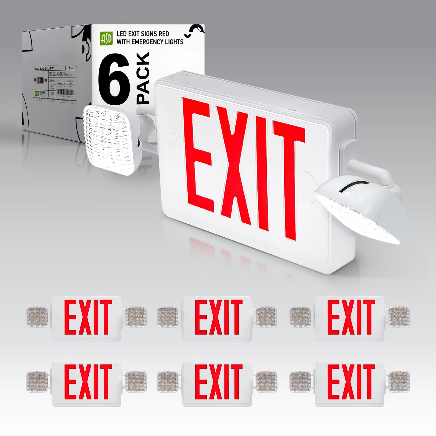 ASD LED Emergency Exit Sign with Battery Backup - 120-277V UL Double Face Rotatable Lighted Exit Signs with Emergency Lights for Business, Commercial Battery Operated LED Sign Power Outage 6 Pack