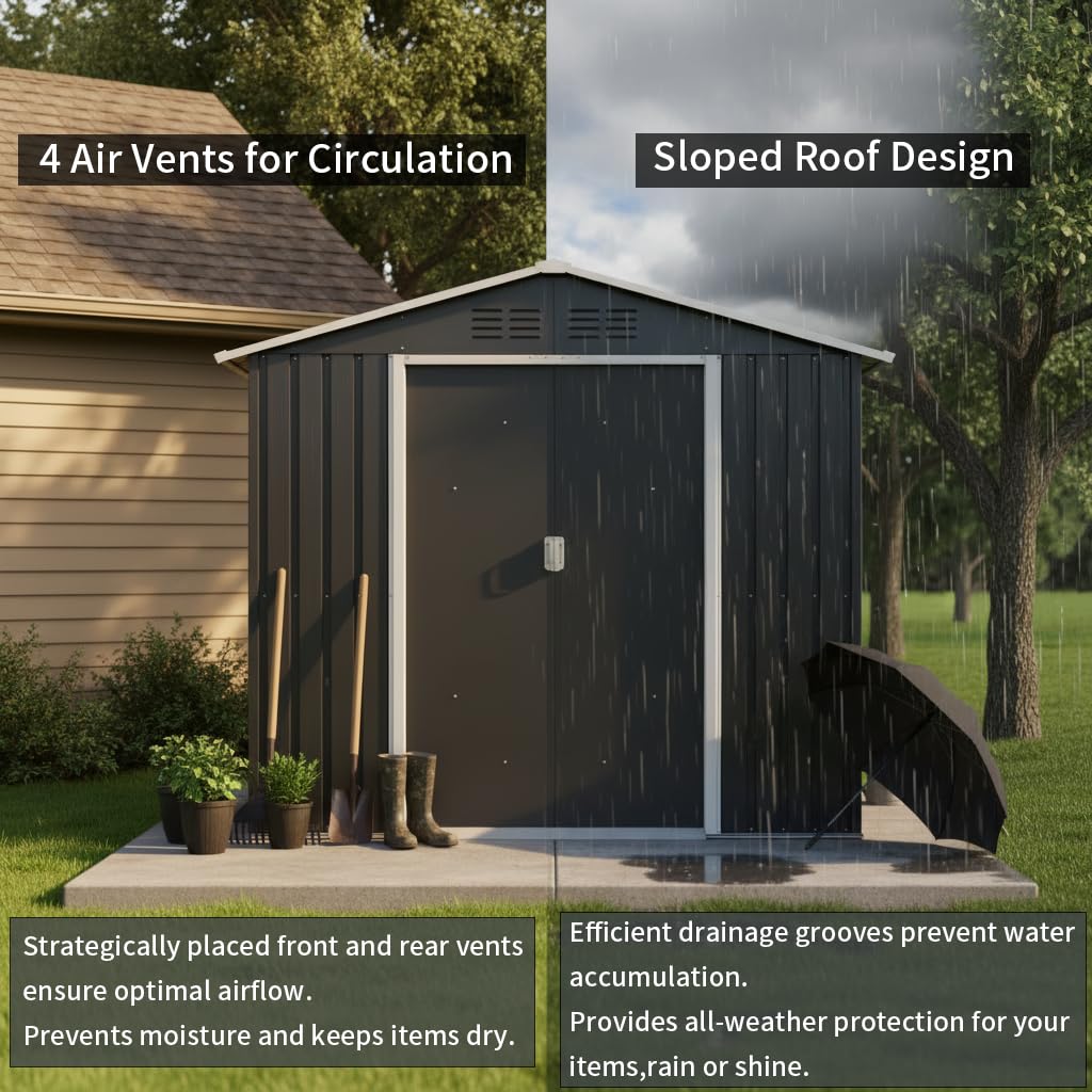 YOPTO 7x4.3 FT Metal Garden Sheds with Window,Outdoor Heavy-Duty Steel Storager Tool Shed W/Sliding Door and Punched Vents,Waterproof Building Organizer for Storing Motorcycle,Bicycles,Grey