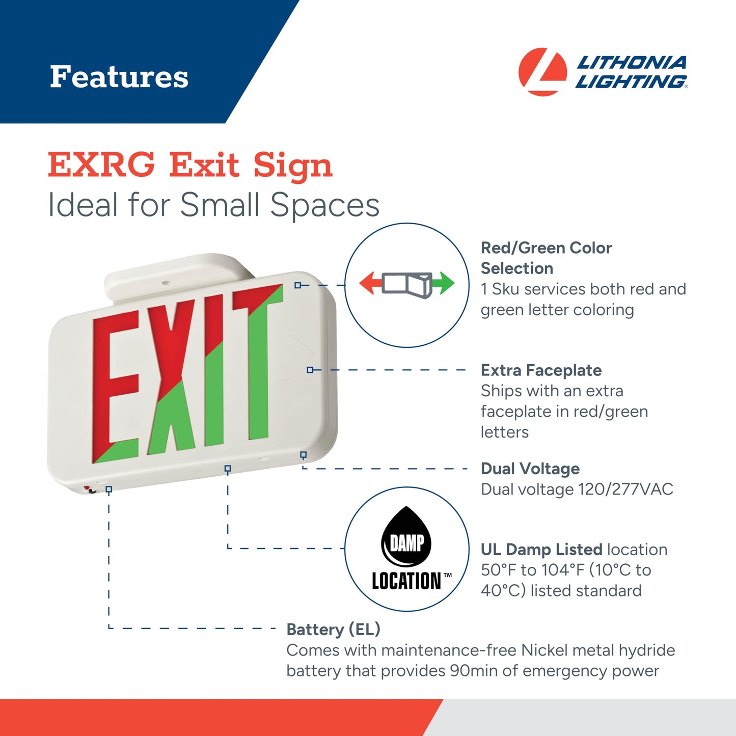 Lithonia Lighting Single-Sided LED Exit Sign, Thermoplastic Construction, Switchable Red and Green Colors, Ni-MH Backup Battery, Includes Extra Faceplate, White (EXRG EL M6)