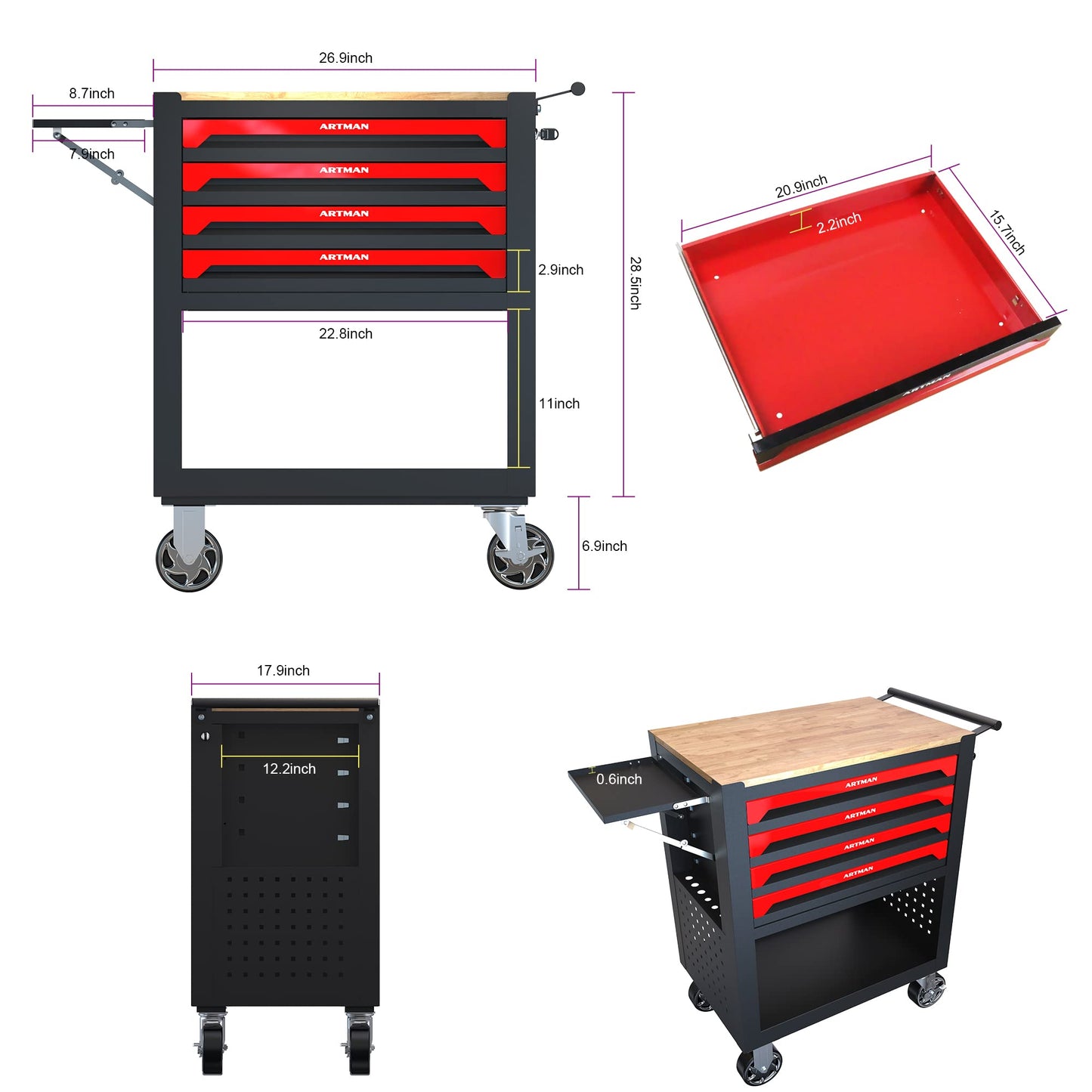 Thetilsy Rolling Tool Chest Cart with 4 Drawers,Storage Tool Cabinet on 4 Wheels. Lockable Tool Cart with Wooden Top and Adjustable Shelf.Tool Box for Garage,Repair Workshop(Wooden top, red)