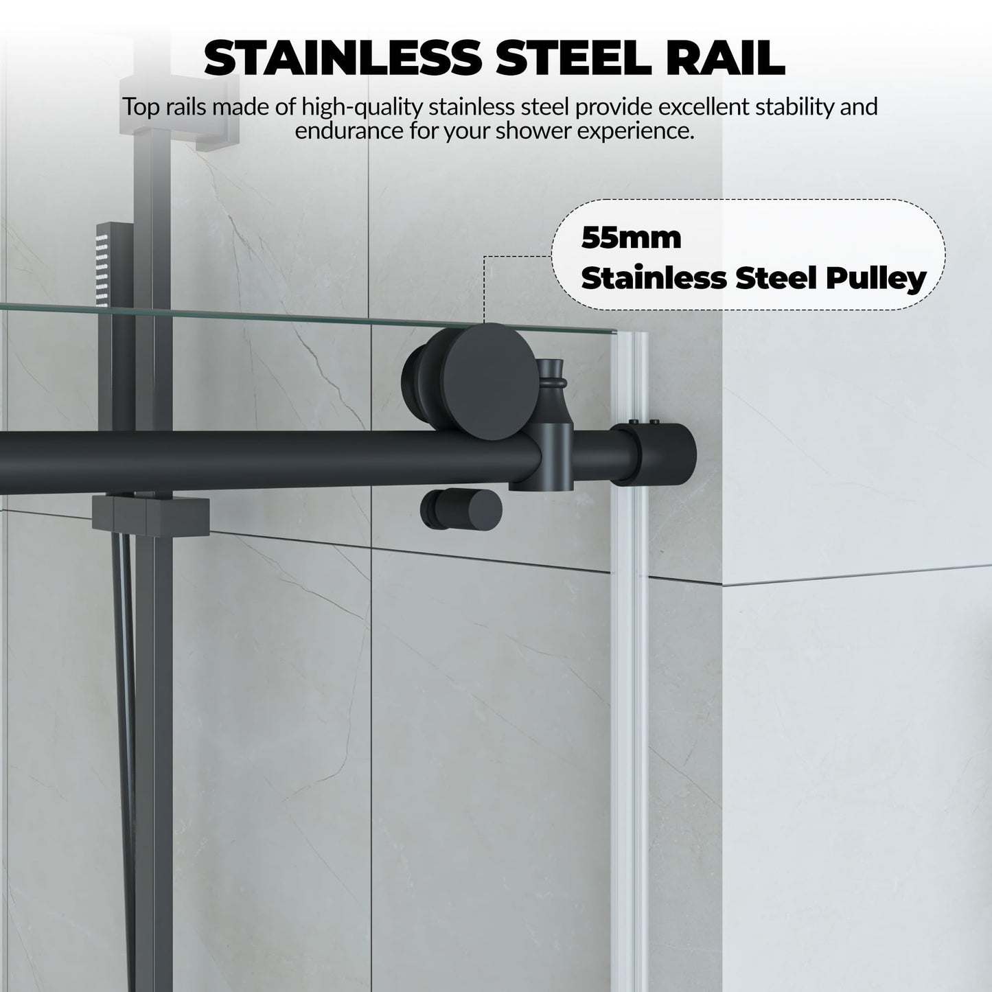 Garvee Frameless Sliding Shower Door, 56-60 Inch Adjustable Width x 76 Inch Height, 1/4 Inch (6Mm) Tempered Clear Glass with Explosion-Proof Film,Matte Black for Bathroom Enclosure