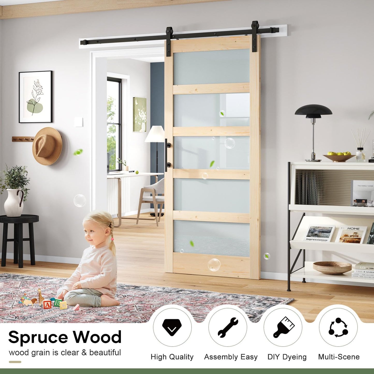 ROYMELO 34x84 inch Glass Sliding Barn Door Slab with 6ft Hardware Kit Included, 5-Panel Frosted Glass, Spruce Wood Support DIY Dyeing, Easy Assembly